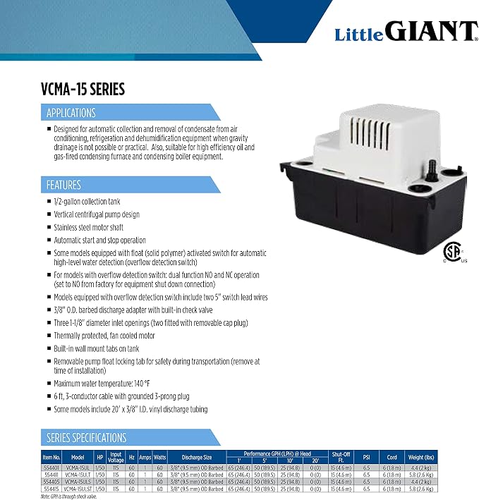 Little Giant VCMA-15ULT 115 Volt, 65 GPH, 1/50 HP Automatic Condensate Removal Pump with Tubing (no safety switch), Black/White, 554411