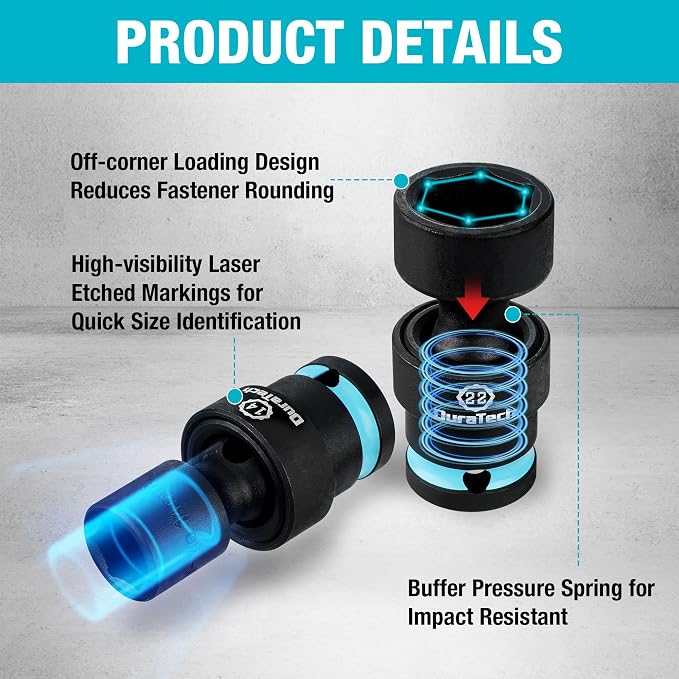 DURATECH 1/2" Drive Impact Swivel Socket Set, 13 Pcs Shallow Wobble Sockets | 10-24mm, Metric, Universal Joint Socket Set, Cr-Mo Steel, 6 Points, Organized in Sturdy Storage Case