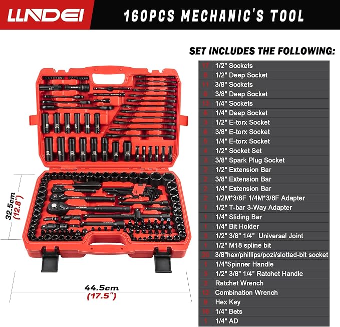 LLNDEI 160Pc Mechanics Socket Set 1/2 1/4 3/8" Drive Metric | CR-V Deep & Shallow Sockets, Metric, Quick Release Ratchet, Professional Tool Kit for Auto Repair, Truck, Garage & Home DIY