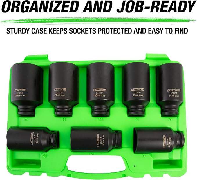 OEMTOOLS 37321 8-Pc 12 Point 1/2 Inch Drive Axle Nut Socket Set with Case | 1/2" Drive Impact Set 29mm-39mm, Cr-Mo Steel Metric Socket Set, Precision-Machined Deep Impact Sockets, Black Oxide Finish