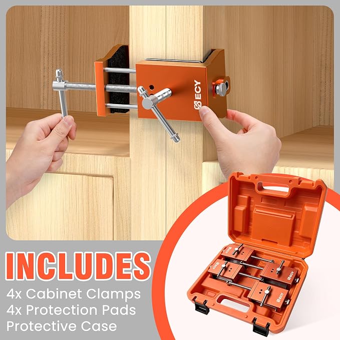 ECY Cabinet Clamps, Cabinet Face Frame Alignment Tool, 4 Pack, Orange | Anodized Aluminum Alloy, Professional Installation Clamps, For Woodworking, Cabinet Installation & DIY Projects