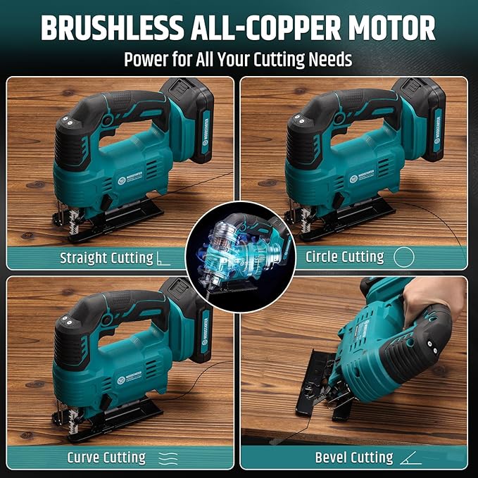 Cordless Jig Saw with Brushless Motor, 3 Adjustable Speed Settings, 45°-90° Cutting Angle, Compatible with T-Shaped Blades, Includes Dust Blowing Feature (Tool Only)