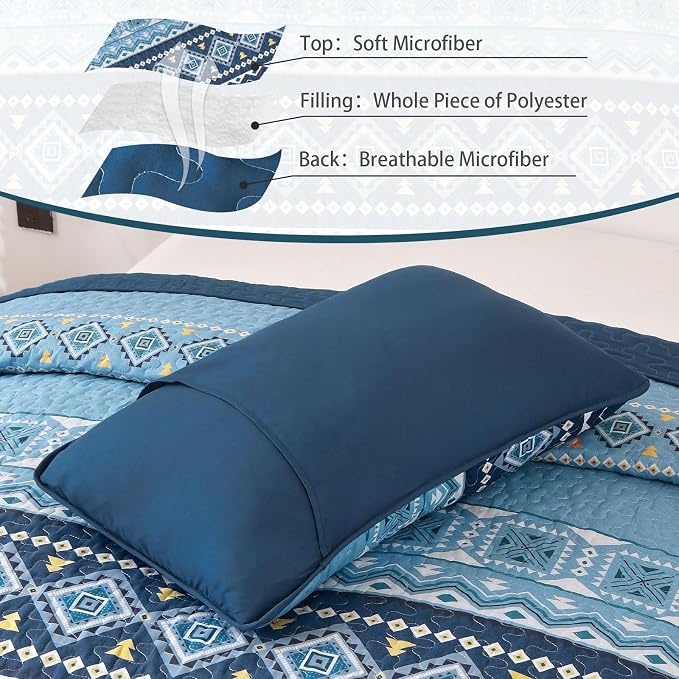 WONGS BEDDING Blue Quilt Set Queen,Boho 3 Pieces Bedspread Coverlet Set with Geometry Printed for All Season,Lightweight Morden Bohemian Bedding Set 96"×90"