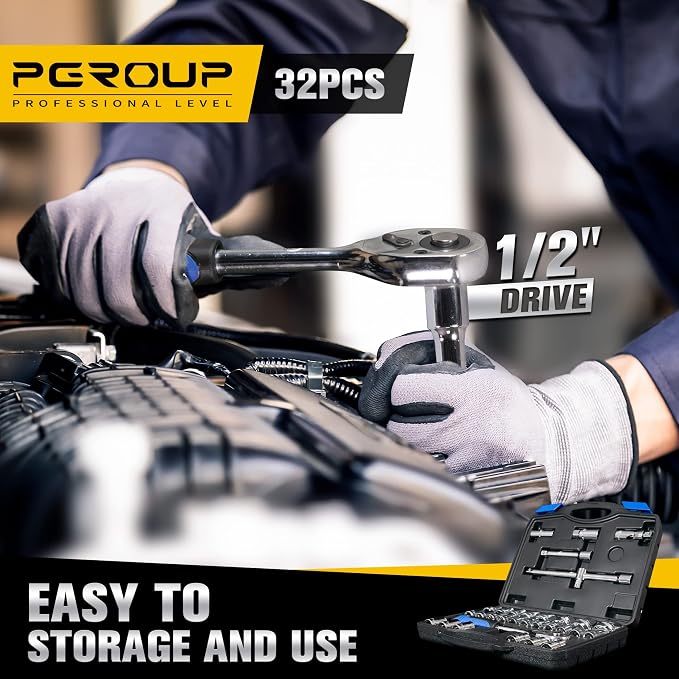 1/2 inch Drive 8mm-32mm Metric socket set, 32-piece Mechanic Tool Socket Ratchet Wrench Set, for Auto Repairing & Household