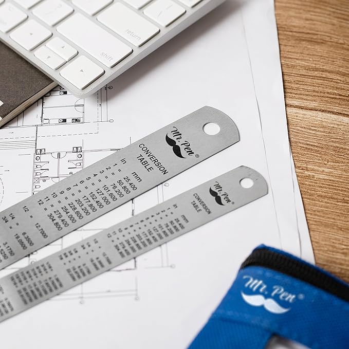 Mr. Pen- Metal Straight Edge Ruler, 2 Pack, 6" and 12", Silver, Stainless Steel Ruler Set, Imperial & Metric Measurements for Drawing, Home, Office, Engineering