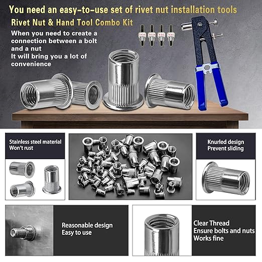 Stainless Steel Imperial Rivet Nut Tool Kit 500pcs, SAE Rivet Nut Combination （1/4-20、10-24、8-32、6-32）, Suitable for Automotive Industrial Applications (ASE Stainless Steel 500pcs)