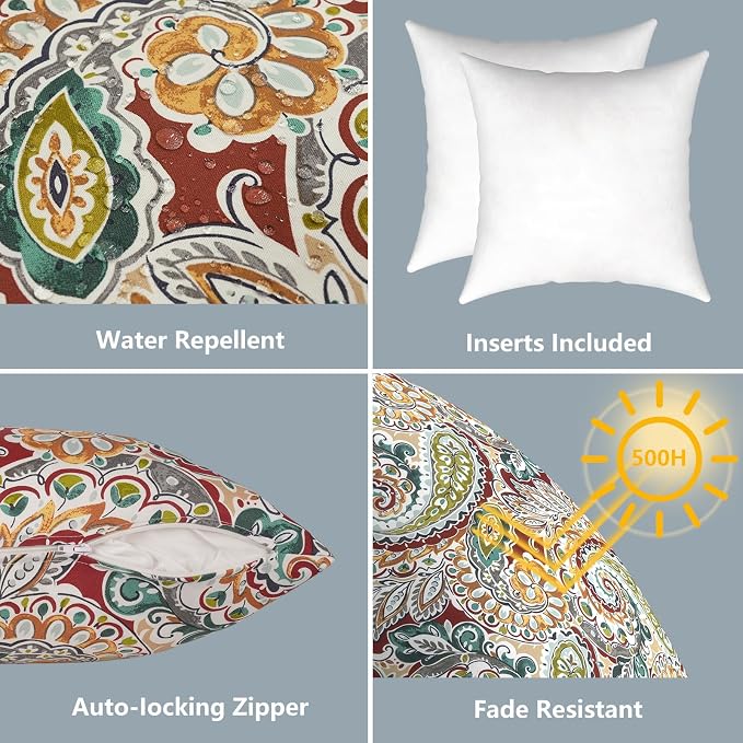 LVTXIII Outdoor Throw Pillows 16x16 Inch, Set of 2 Square Decorative Pillows with Inserts for Patio Furniture, Porch Chair, Garden Sofa, Vibrant Paisley