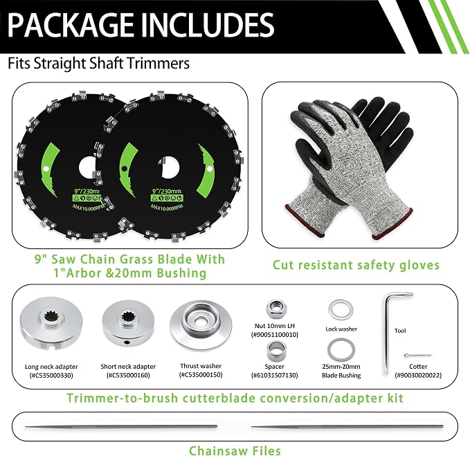 Brush Cutter Trimmer Conversion Kit with 9" x20T Carbon Steel Chainsaw Brush Cutter Blades, Includes, Files, Gloves, Compatible with Echo Models SRM-225, SRM-225i, SRM-266, SRM-280
