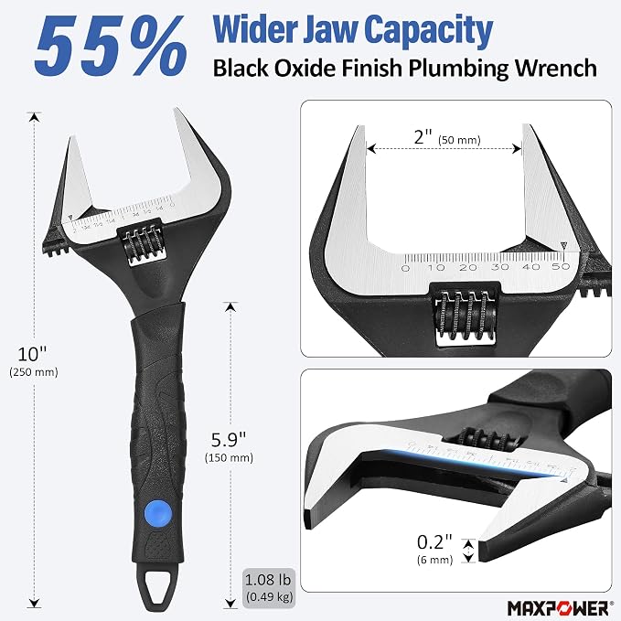 MAXPOWER 10-inch Wide Jaw Adjustable Wrench, 2-inch Jaw Capacity | Cr-V Steel, Stubby Plumbing Wrench, Soft Grips, Smooth Jaws