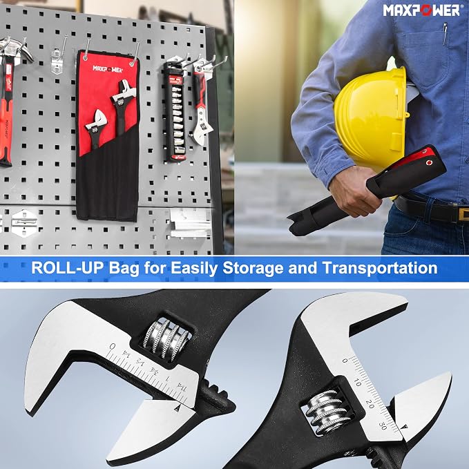 MAXPOWER 12 16-inch Spud Wrench, Continuous Tapered Handle for Alignment | Alignment Holes for Construction and Ironworking, 16 inch Adjustable Wrench with Reversible Jaw, Hammer Head