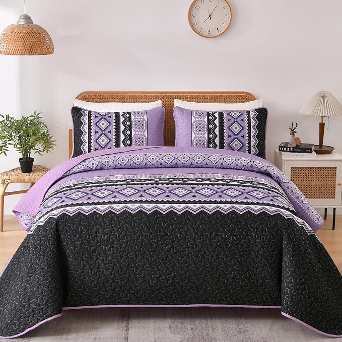 WONGS BEDDING 3 Pieces Quilt Set Queen Size, Purple Quilt Bedspread Lightweight Bohemian Coverlet Set with 2 Pillowcase, Soft Geometry Printed Bedding Set Queen for All Season 96"×90"