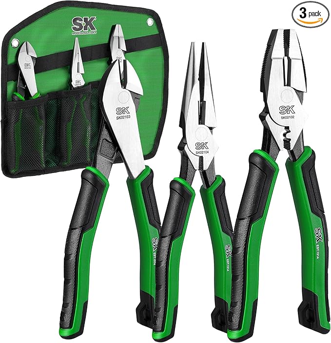 SK 3-Piece Pliers Set, 9.5-Inch Linesman, 8-Inch Diagonal & Needle Nose Pliers, High Carbon Steel, Ergonomic Anti-slip Handle, with Rolling Pouch