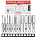 Metric Allen Wrench Drill Bit Set - Premium 12pc Complete SAE Set w/Storage Case and Bit Holder - 1.5mm - 10mm 1/4in Hex Shank Magnetic Bit Set - The GIFD Collection S2 Steel Long 2in drive heads