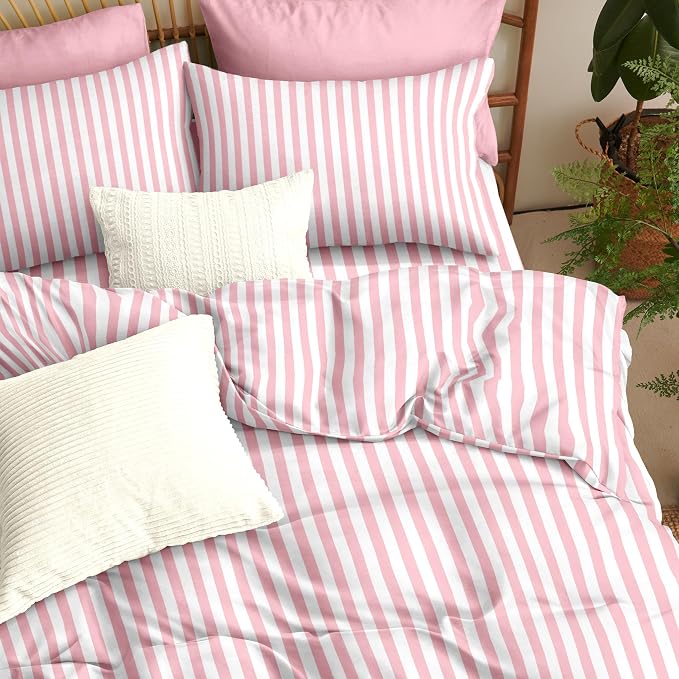 Sedefen Striped Duvet Cover Full Size Pink Stripe Geometry Bedding Set for Girls 3 Pieces Soft Microfiber Reversible White Geometric Stripes Comforter Cover with Zipper Closure and 2 Pillowcases