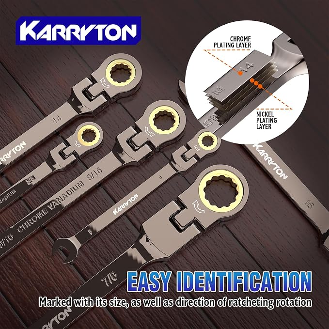 26-Piece Flex head Ratcheting Wrench Set (Metric & SAE), 72 Teeth Combination Wrench Set w/Organizer Rack,Cr-V Steel,6-19mm &1/4-7/8", Black Nickel Handle with Golden Ratchet