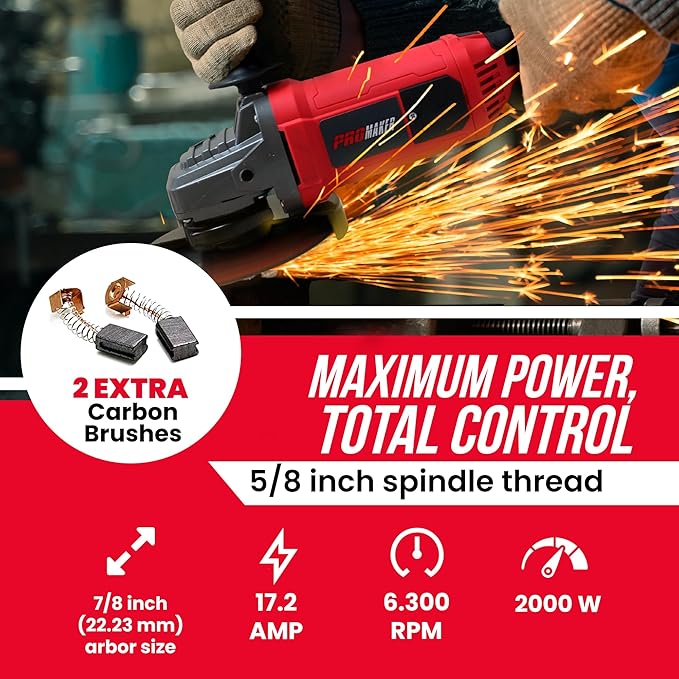 PROMAKER Industrial 9" Heavy Duty Angle Grinder - 17.2 High Power Motor, 6300 RPM Metal & Concrete Cutter - Rotating Multi-Position Handle, Includes 2 Spare Carbon Brushes - 2-Year Protection