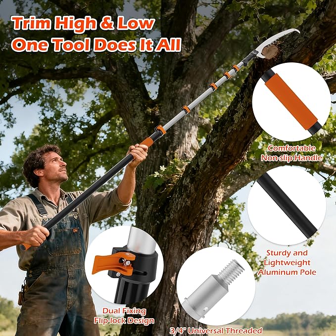 26FT Manual Pole Saw for Tree Trimming, 5-20FT Telescoping Extension Pole with Flip-Lock & Screw Dual Locking, 19" 3X Detachable Pruning Saw Head, Yard Maintenance Pruner for Garden Palms Shrubs