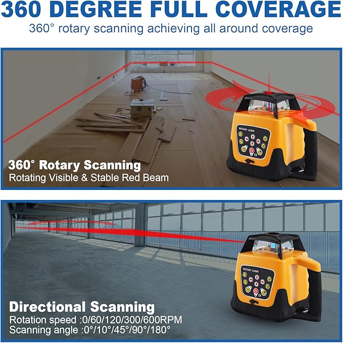 Rotary Laser Level Kit, 360 Degree Automatic Self Leveling Red Beam Horizontal Laser Transit, 500m Working Range for Construction & Building