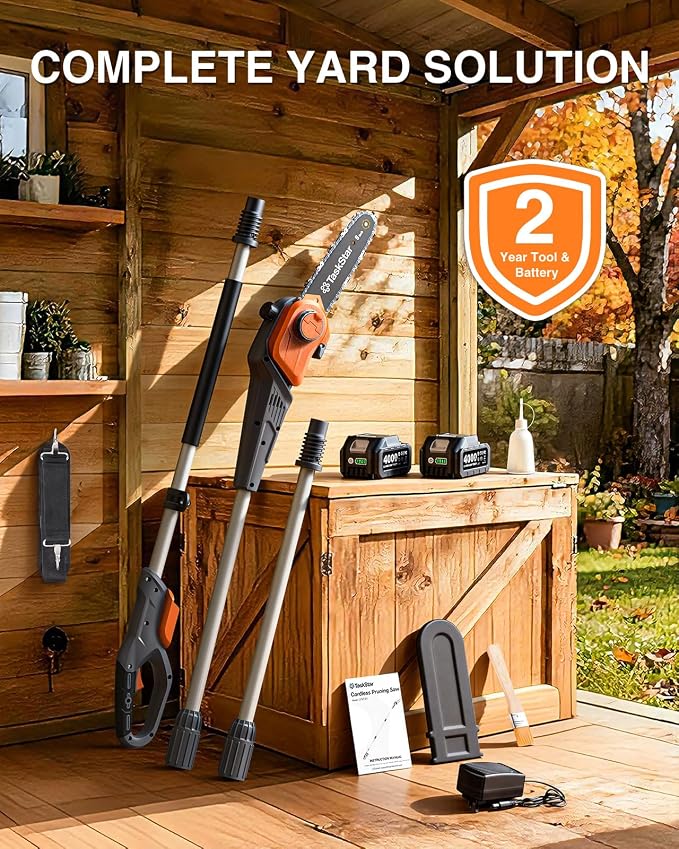TaskStar 8-Inch Cordless Pole Saw, Electric Pole Saws for Tree Trimming, 2×4000mAh Batteries, 600W Powerful Motor, Max Reach 15Ft, Tool-Free Chain Tensioning, Auto Lubrication
