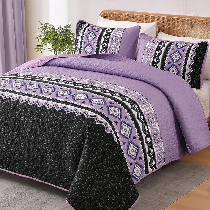 WONGS BEDDING 3 Pieces Quilt Set Queen Size, Purple Quilt Bedspread Lightweight Bohemian Coverlet Set with 2 Pillowcase, Soft Geometry Printed Bedding Set Queen for All Season 96"×90"