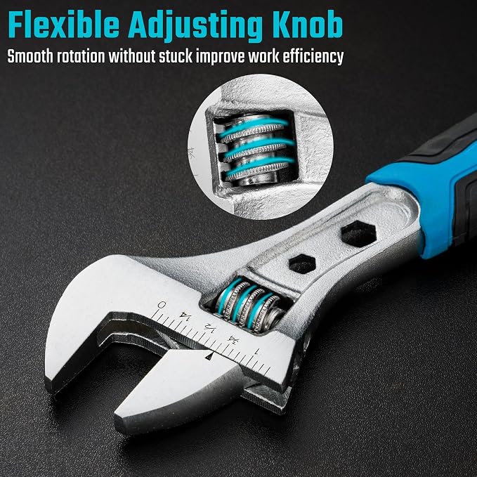 DURATECH 8 Inch Adjustable Wrench, 3-in-1 Spanner | Box End, Hex Function, CR-V Steel, Metric & SAE Scales, Chrome-plated, Bi-material Soft Grip
