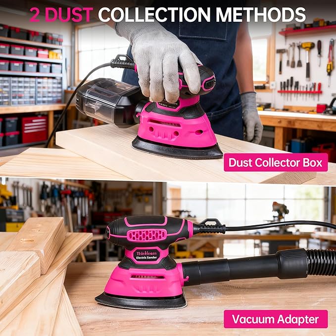 THINKLEARN Detail Sander - 13000 OPM Compact Electric Sander Tool, 1.2A Mouse Sanders with 15Pcs Sandpapers and Dust Box, Handheld Sanding Machine for Woodworking, Furniture and Small Projects
