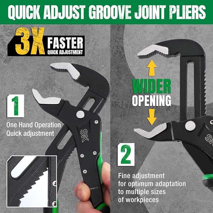 SK 12'' Quick Adjust Water Pump Pliers, SureGrip V-Jaw Groove Joint Pliers | Premium CR-V Steel, Ergonomic Anti-slip Handle for Comfortable Grip