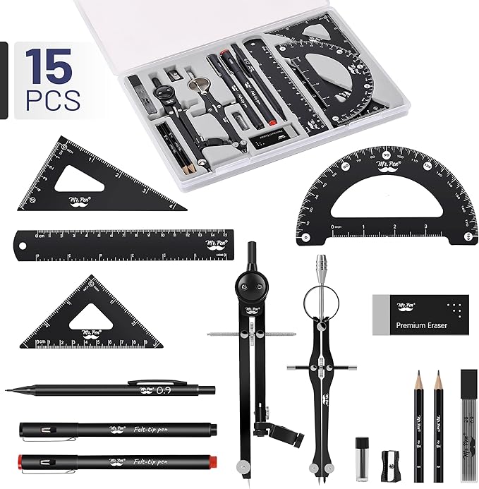 Mr. Pen- Professional Geometry Set, 15 pcs, Drafting Tools with Protractor, Compass, Metal Ruler, Triangles, Pens & Pencils, Complete Geometry & Drafting Kit for Architects, Engineers & Students