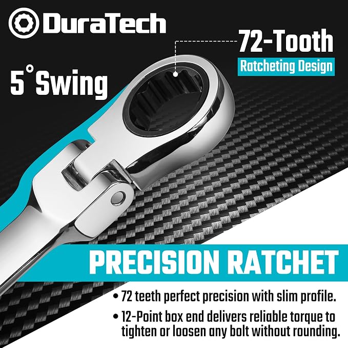 DURATECH Stubby Flex-head Ratcheting Wrench Set, Metric, 12-piece | 8mm-19mm, CR-V Steel, Corrosion Resistance, 72-Tooth, 5° swing arc, 180° Flexible, for Narrow Spaces, with Pouch
