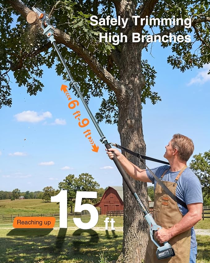 TaskStar 2-in-1 Pole Saw for Tree Trimming, 8-Inch Cordless Brushless Chainsaw with Adjustable Extension Pole, 2×4.0Ah Rechargeable Batteries & Charger, Auto Oiling, 15 Ft Max Reach