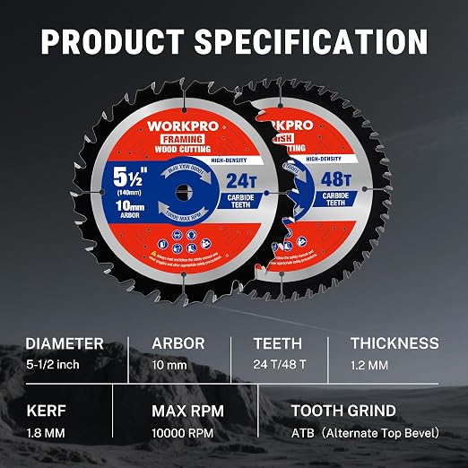 WORKPRO 5-1/2 Inch Woodworking Circular Saw Blades, 24T/48T Framing & Finish Combo, Thin Kerf, Carbide Tipped, ATB Tooth, 2-Pack