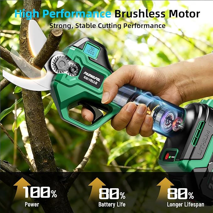 2.1“/54mm Electric Pruning Shears, Upgraded Cordless Electric Scissors, with Brushless Motor | Dual 2.0Ah Battery | Sk7 Blade | LCD Display for Heavy-Duty Garden, Orchard & Branch Cutter