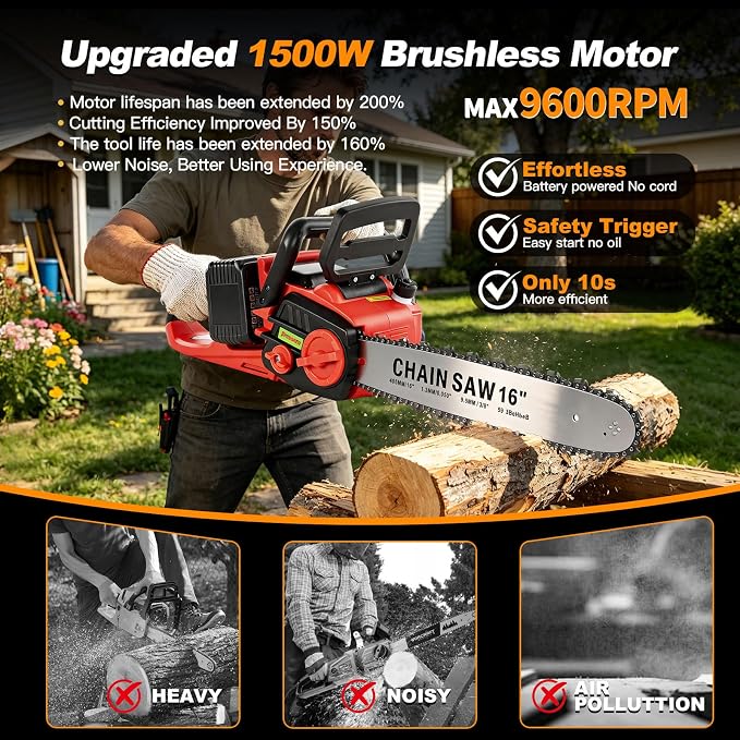Brushless Electric Chainsaw, 42V 16 Inch Cordless Battery Powered ChainSaw, Hand Held Chain Saw with Auto Oiler & Mechanical Safety Lock,2 x 4.0Ah Batteries, Ideal for Tree Cutting and Branch Pruning