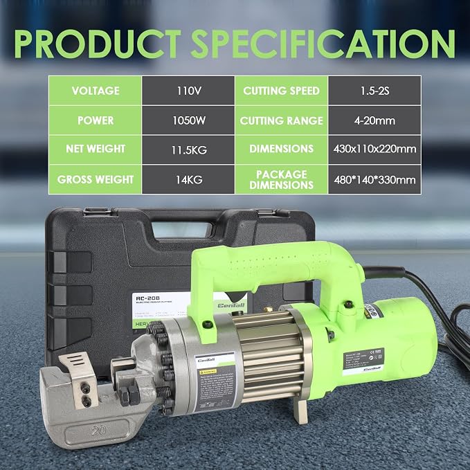 1050W Electric Rebar Cutter, Portable Rebar Cutter, Cutting up to 3/4 Inch 4-20mm #6 Rebar, Cutting Speed 1.5-2S RC20B (Light Green)