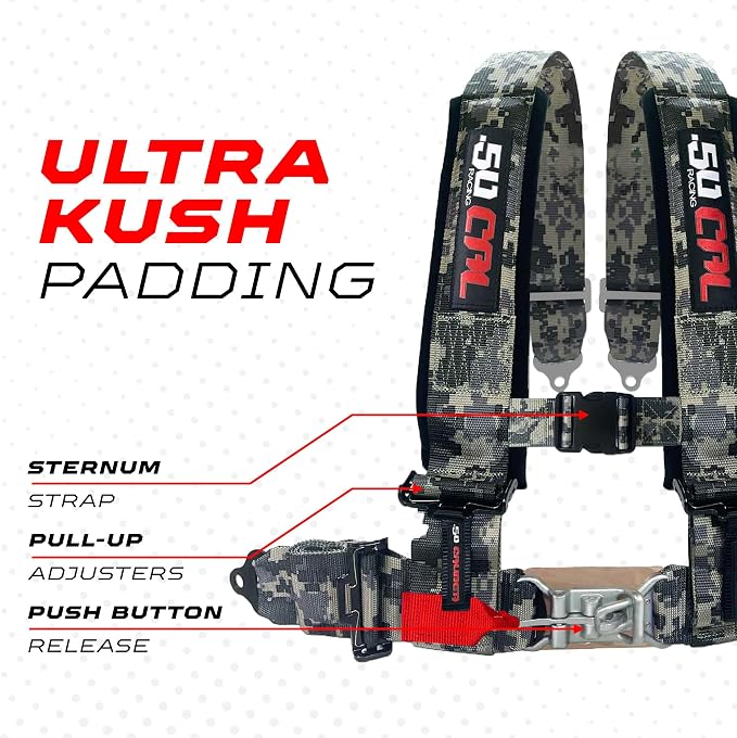 1pc 50 Cal Camo 4pt 4 Point Harness 3 inch straps, Racing Harness Seat Belt | Ultra Kush padding, Push Button quick release hardware. Universal Fit for UTV, RZR, race car