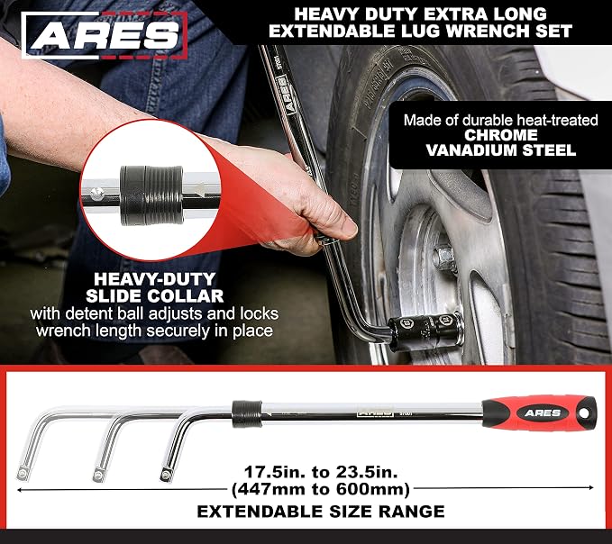 ARES 57001 Telescoping Lug Wrench, Extends 17.5-23.5 Inches | High-torque design; includes 2 double-sided 6-point sockets for broad vehicle coverage.