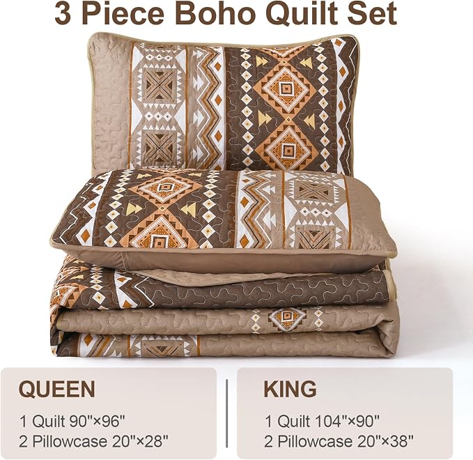 WONGS BEDDING Boho Quilt Set Queen Size,3 Pieces Brown Geometry Printed Bedspread Coverlet Set,Lightweight Microfiber Bedding Set with 2 Pillowcases,96"×90"