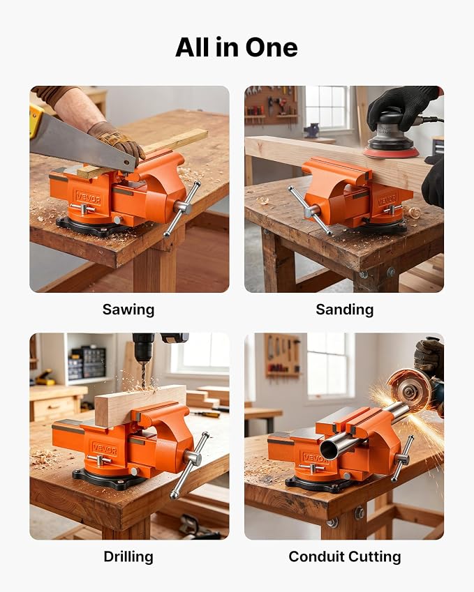 VEVOR Heavy Duty Bench Vise, 8" Jaw Width, Multi-Purpose Ductile Iron Bench Vise with Anvil and 360-Degree Locking Swivel Base, 2.95" Throat Depth, 8" Max Jaw Opening, for Drilling, Pipe Cutting