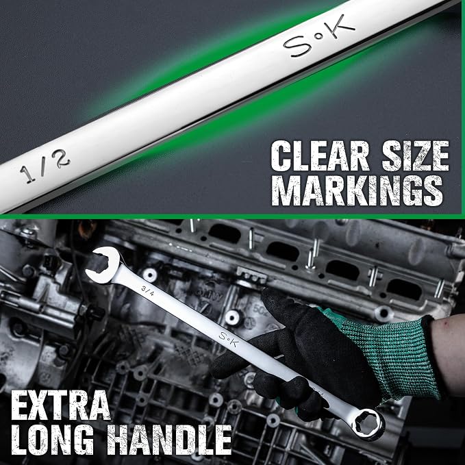 SK 6 Point Bolt Extractor Wrench Set, SAE 5/16''-3/4'', 8-Piece, Extra Long | Combination Wrench Set for Rounded and Stripped Bolts Removal, Mirror Krome Finish, Premium CR-MO Steel