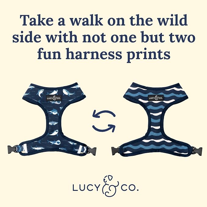 Lucy & Co. Reversible Dog Harness - Water-Repellent Neoprene, Dual-Print Design, Easy Swap Style, Adjustable Comfort Fit - Shark Attack Reversible Harness - Medium