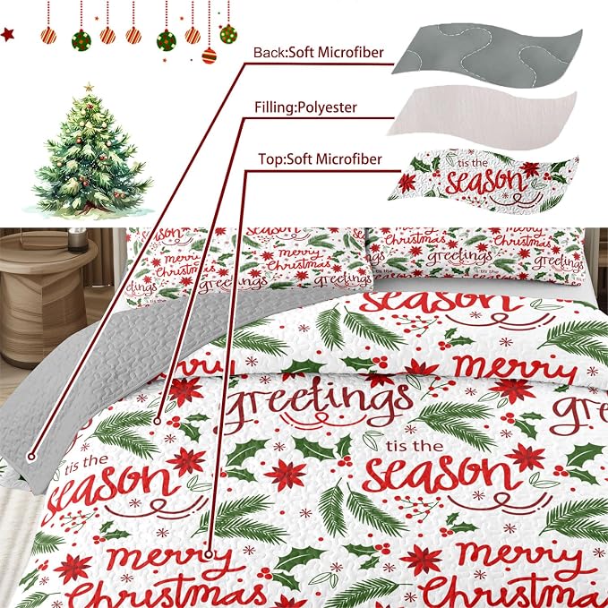 Merry Christmas Boho Red Quilt Set King- Leaves Berry Flowers Printed Holiday Bedding Set - Soft Microfiber Lightweight Comforter Coverlet Bedspread(Leaves, King(90"x104"))