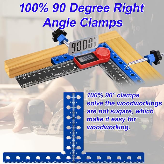 Corner Clamps for Woodworking, 5.5” 4 Pcs 90 Degree Aluminum Corner Clamp With Storage Box, Precision Dual Scale Right Angle Positioning Squares for Wood Frame, Jigs, Drawers, Cabinets.(Blue).