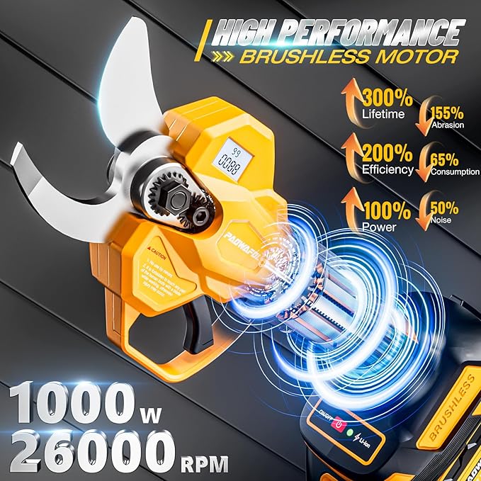 2.05"/ 53mm Electric Pruning Shears, Cordless Electric Scissors LCD Display＆SK7 Blades, 21V Brushless Motor Branch Cutter with 2 PCS Rechargeable 2000mAh Batteries & 2 Blades (Yellow)