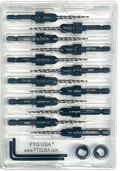 FTG USA 12 Pc #6 (9/64") Countersink Drill Bit Set with Depth Stop Collar, Hex Wrench - Tapered Drill Bits for Wood