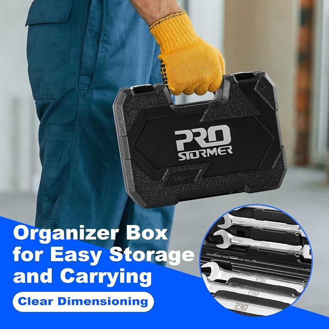 Prostormer 14-Piece SAE Flex-Head Ratcheting Wrench Set | 1/4" to 1", 72-Tooth Ratchet Gear, Cr-V Steel Constructed, Portable Tool Box Included
