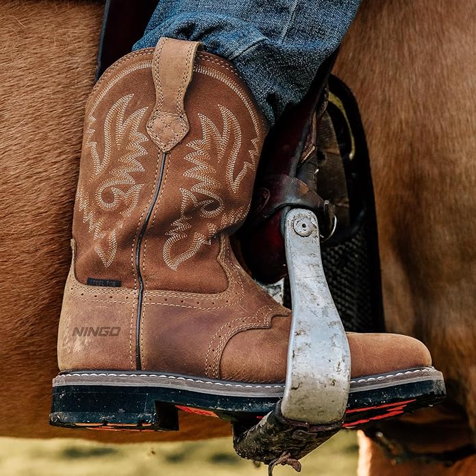 HISEA NINGO Steel Toe Work Boots for Men, Waterproof Square Toe Cowboy Boots Slip on, Comfortable Soft Toe Pull on Western Safety Work Shoes for Construction Industrial Working Welding Riding, Brown