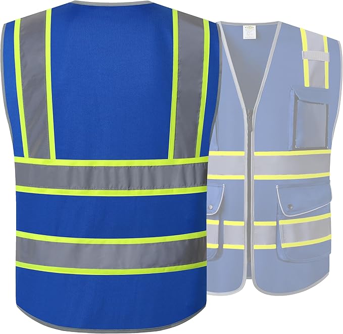 JKSafety 9 Pockets Hi-Vis Safety Vest High Visibility Reflecitive Safety Vests for Men and Women Work Utility PPE Work Gear ANSI/ISEA compliant (902-Blue 3XL)