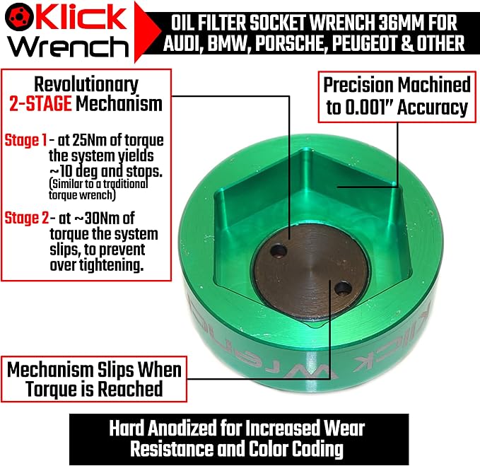 2 Stage 36mm Torque Limiting Oil Filter Wrench, Green, 6061-T6 Aluminum