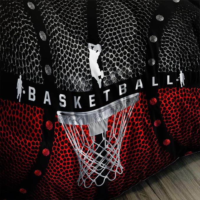 Axolotl Basketball Bedding Set for Boys Kids Teens,Soft Microfiber Black and Red Sports Theme Basketball Bedding Sets Queen Size with 1 Comforter and 2 Pillowcases All Season