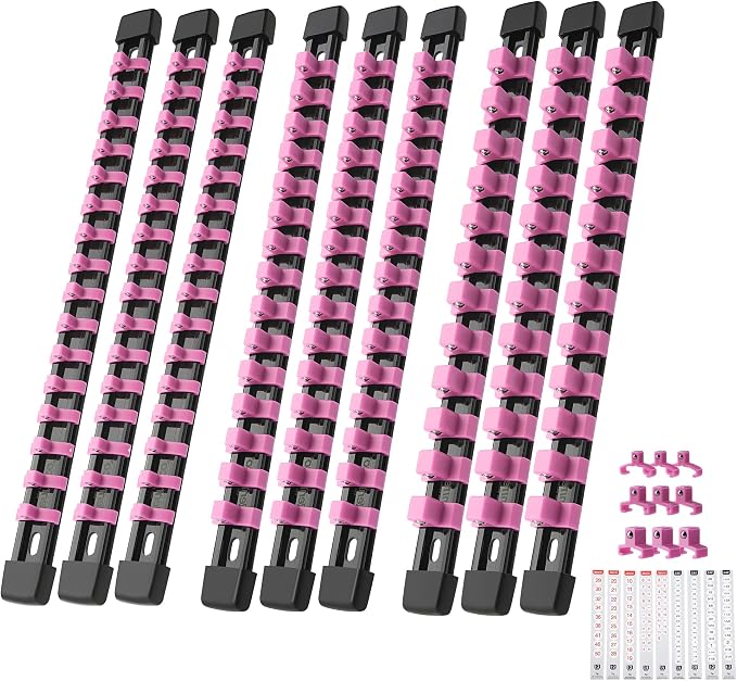 Reniteco 9-Pack Socket Organizer Set, 1/4" x 48 3/8" x 45 1/2" x 36 Clips | 129 Clip Capacity, Havy-Duty ABS Socket Rails, Removable Clips, Drive Socket Storage, Toolbox Drawer or Wall Mount